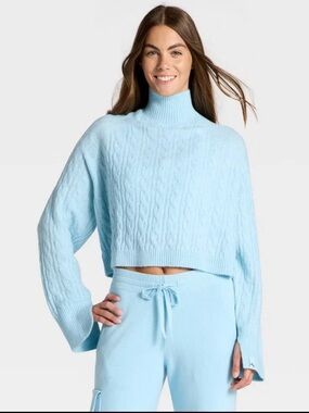 JoyLab Women's Mock Neck Cable Knit Sweater - Light Blue - XXS